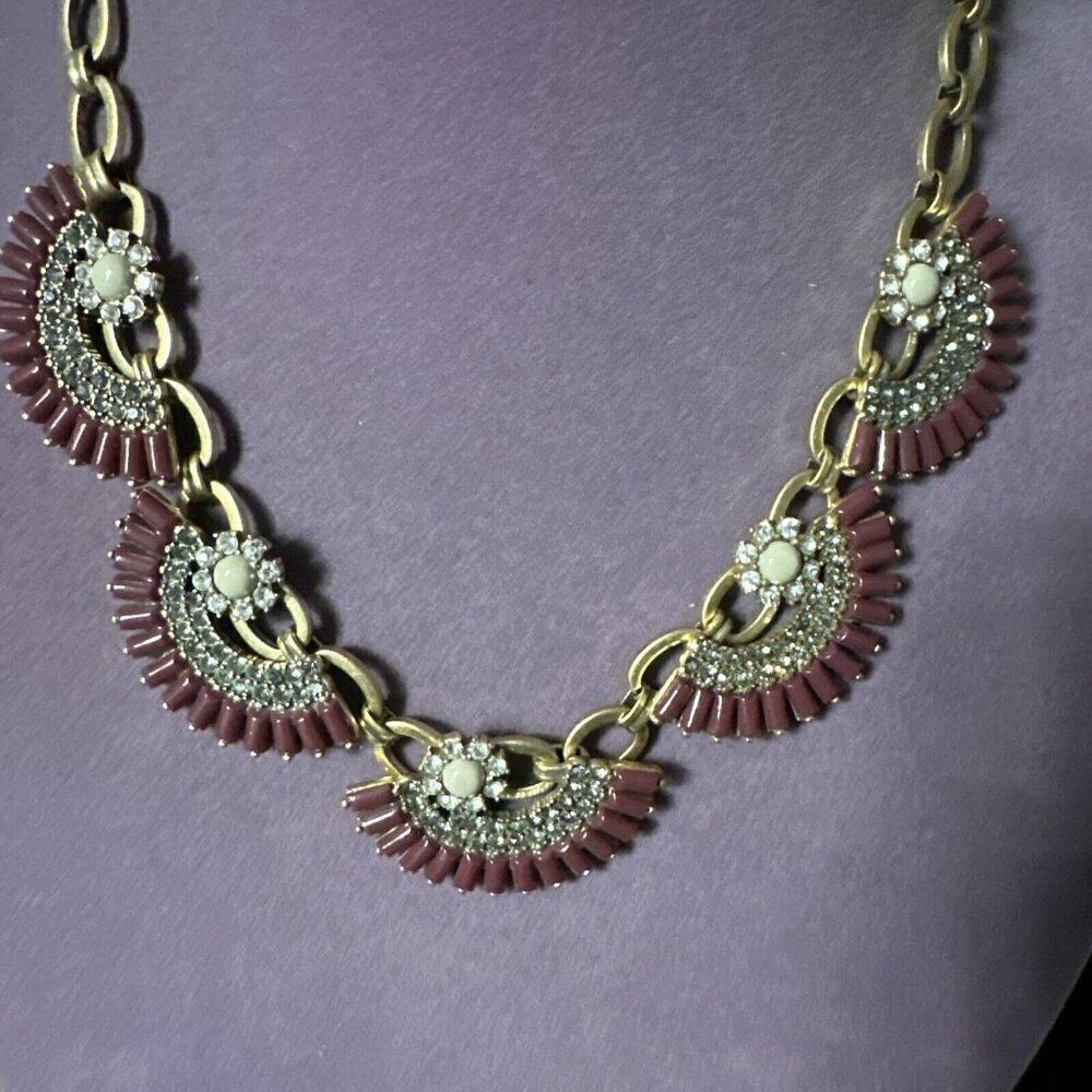 J Crew Burgundy  Rhinestone Geometric Fan Statement Chunky Necklace  CPM